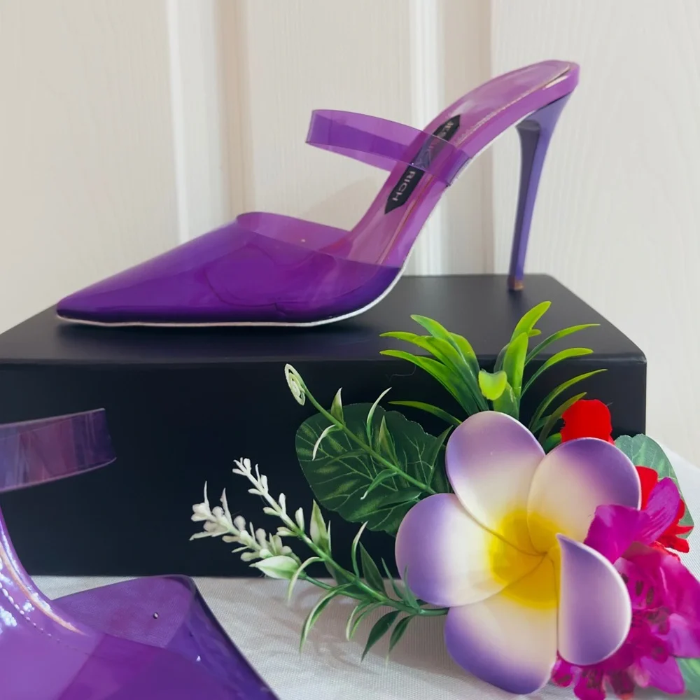 JESSICA RICH ~ Vibrant Translucent Purple 3.5” Heels w/Leather Sole size 8